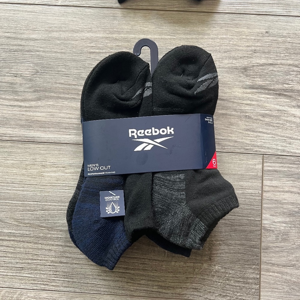 Reebok 6 Pair Pack Performance Training Low Cut Men Black&Blue Socks,Shoe 6-12.5